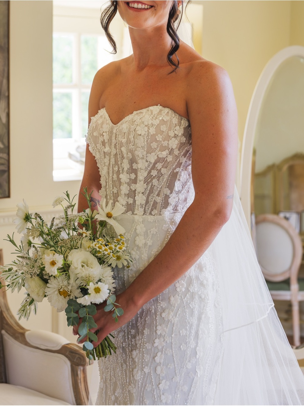 Elegant White Floral Lace Strapless Wedding Dress by Dany Taney